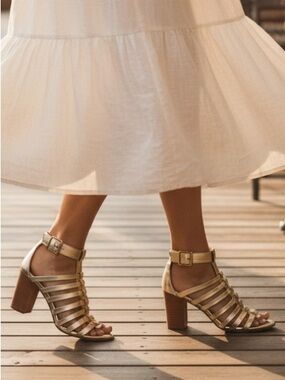 Vionic Sami Leather Gladiator Metallic Gold Block Strappy Heel Sandal Sz 10